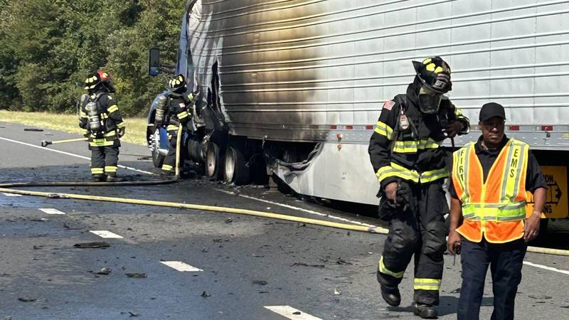 A tractor-trailer rig caught fire the morning of Sept. 3, 2023, at Interstate 20 at Pines Road,...