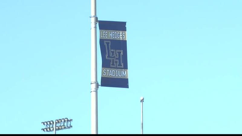 Flag outside Lee Hedges Stadium